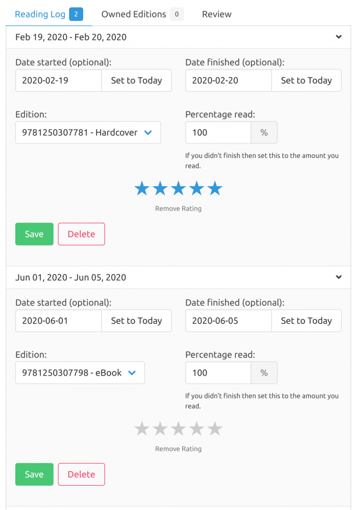 Two reading log entries - one for the hardcover and another for the ebook.