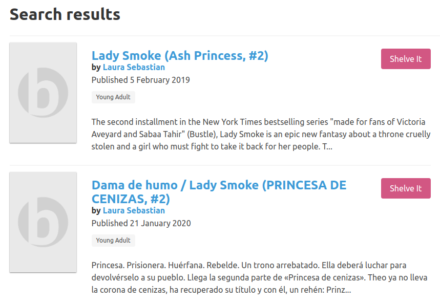 Two search results for "Lady Smoke" -- one for the English edition and a second for the Spanish edition.