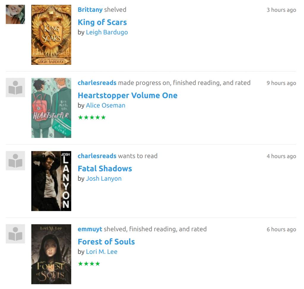 Activity feed on Bookhype