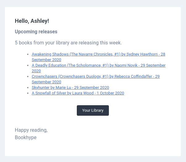 Email alert about new releases in your library