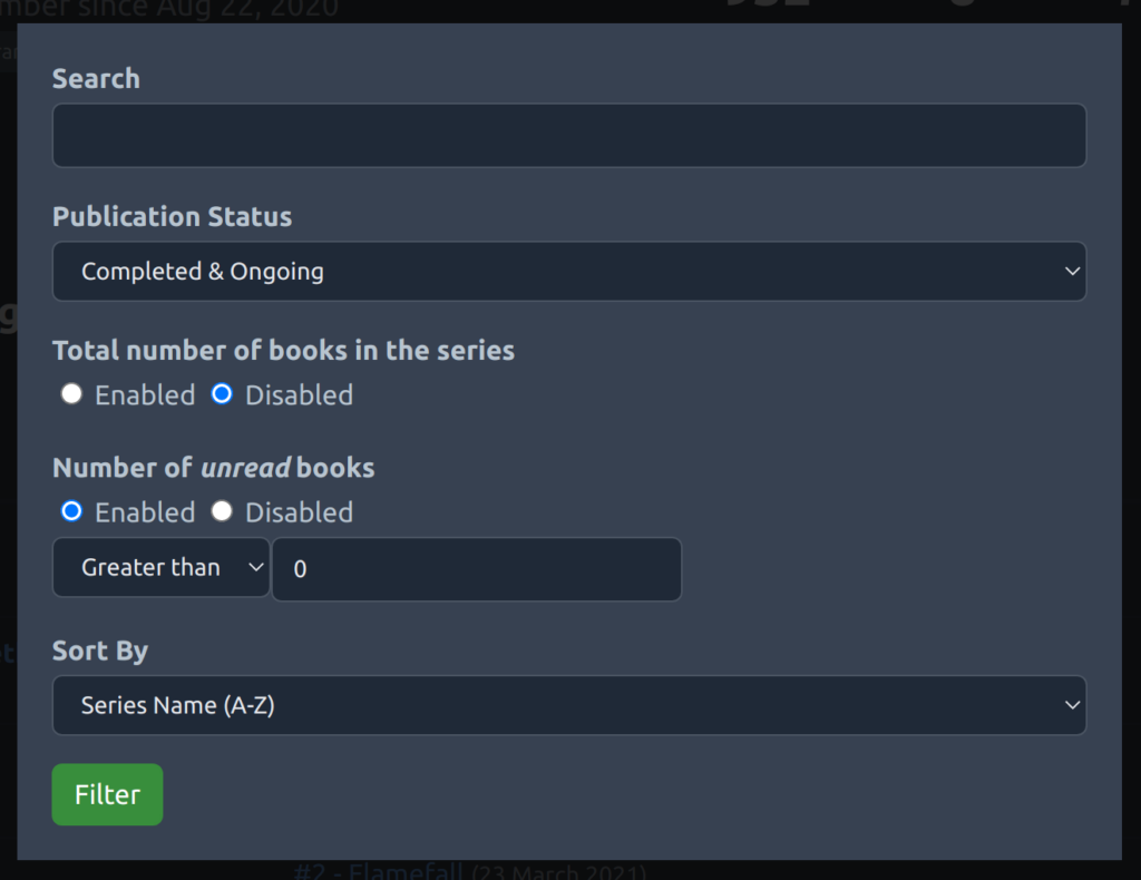 A form showing various ways that the results can be filtered, including: "Search" for text search; "Publication Status", which is a dropdown allowing you to choose between "Completed" series and "Ongoing" series (or both); "Total number of books in the series"; "Number of unread books" where you can choose a comparison operator like "Greater than", then enter a number; and a dropdown allowing you to choose how the results are sorted.